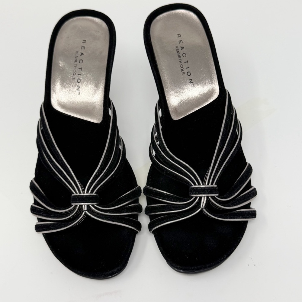 Kenneth Cole Reaction Black Velvet Metallic Trim Slip-On Heeled Sandals Size 8 - Picture 8 of 11